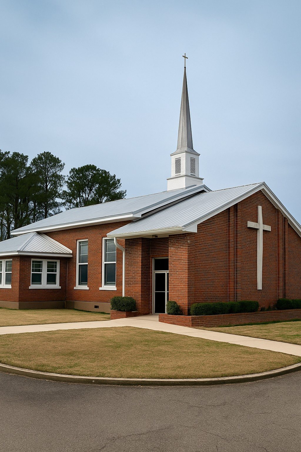 Exterior of The Way Community Church, a brick church building with a white steeple
